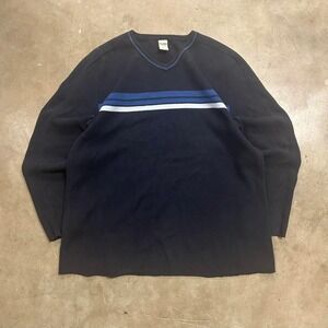 Vintage Y2K Surfwear Pure Stuff Black and Blue Striped Surf Sweater Size L
